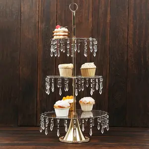3-Tier Gold Cupcake Stand – 2ft Acrylic and Metal Dessert Display Tower with Hanging Crystals