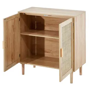 Rattan Cabinet Storage with 2 Magnetic Doors & Adjustable Shelves Natural