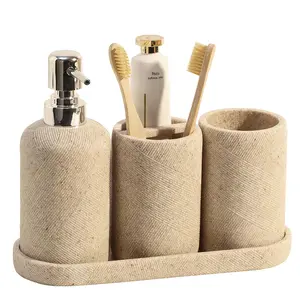Bathroom Accessories Set  Organizer Countertop Soap Dispenser And Toothbrush Holder Mouthwash Cup Tray Vanity For 4 Pieces Modern Decor (beige)