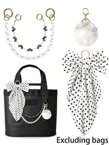 4Pcs Polka Dot Bag Accessories Set, Black Bead Chain + White Acrylic Chain + White Fluffy Pom Pom + Polka Dot Bow Scarf, Decorative Trendy Bag Charms for Tote Bags, Handbags