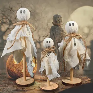 Halloween Table Decor - 3 Pcs Primitive Ghost on Wooden Stand - Halloween Decorations Indoor Cute Ghost Table Centerpieces