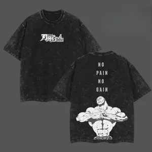 Jack Hanma No Pain No Gain Vintage Acid Washed Oversized Muscle Fit T-Shirt Baki Anime Double Printed Heavyweight Cotton Workout Top Casual Streetwear Gymwear Fashion Tee Perfect Gift for Otaku Martial Artists and Fitness Fighters Enthusiasts