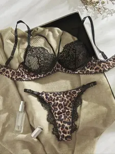 Women's Leopard Print Underwire Bra & Contrast Lace Panty Two-piece Set, Adjustable Strap Bra & Knicker Set, Lingerie Set for Women, Underwear Sets, Fit, Womenswear