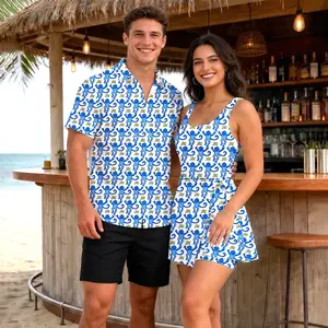 Funny Blue Monkey And Banana Pattern 2026 Vacation Couple Set Dress and Shirt Hawaii, Matching Couple Hawaiian Set, Cute Animal Matching Outfits For Men Women, Summer Beach Wear, Tropical Trip Holiday Gift Idea | 300326.R3033.ID00