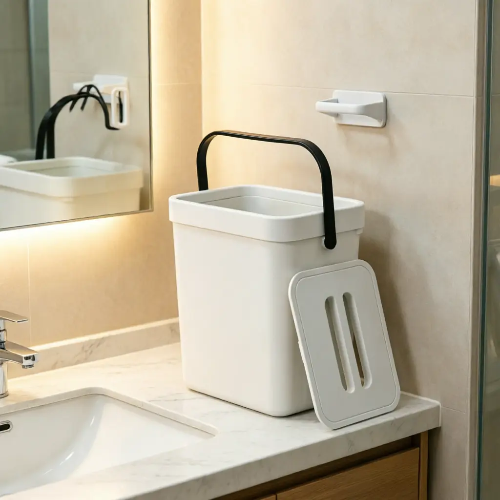 Cream Minimalist No-Drill Wall-Mounted Trash Can - Portable Handle, Odor-Locking Lid, Cabinet Door Hanger for Under Kitchen Sink, Japandi Home Decor Bin