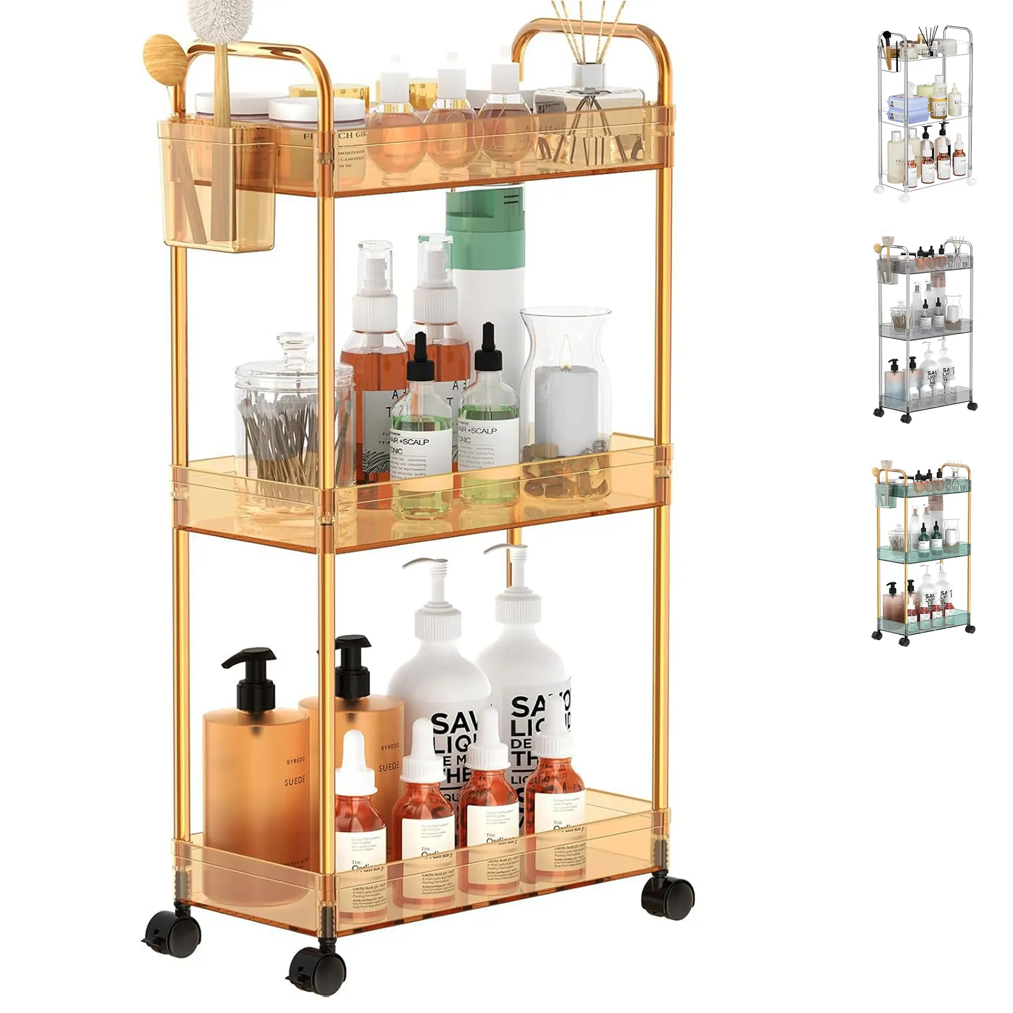 Acrylic Storage Rolling Cart 3 Tier Clear Bathroom Cart Organizer, Transparency Laundry Room Organization Mobile Shelving Unit Multifunction Rolling Utility Cart for Office Living Room