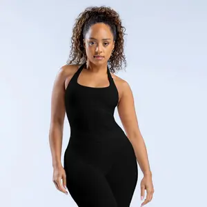 [With Logo] DFYNE Solid Color Halter Sports Vest, Seamless Backless Slim Fit Yoga Cami Top