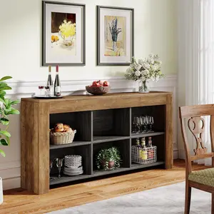 LITTLE TREE 63-Inch Long Sofa Console Table, Rustic Wood Entryway Table with 6 Storage Cubes for Living Room, Hallway, Behind Couch