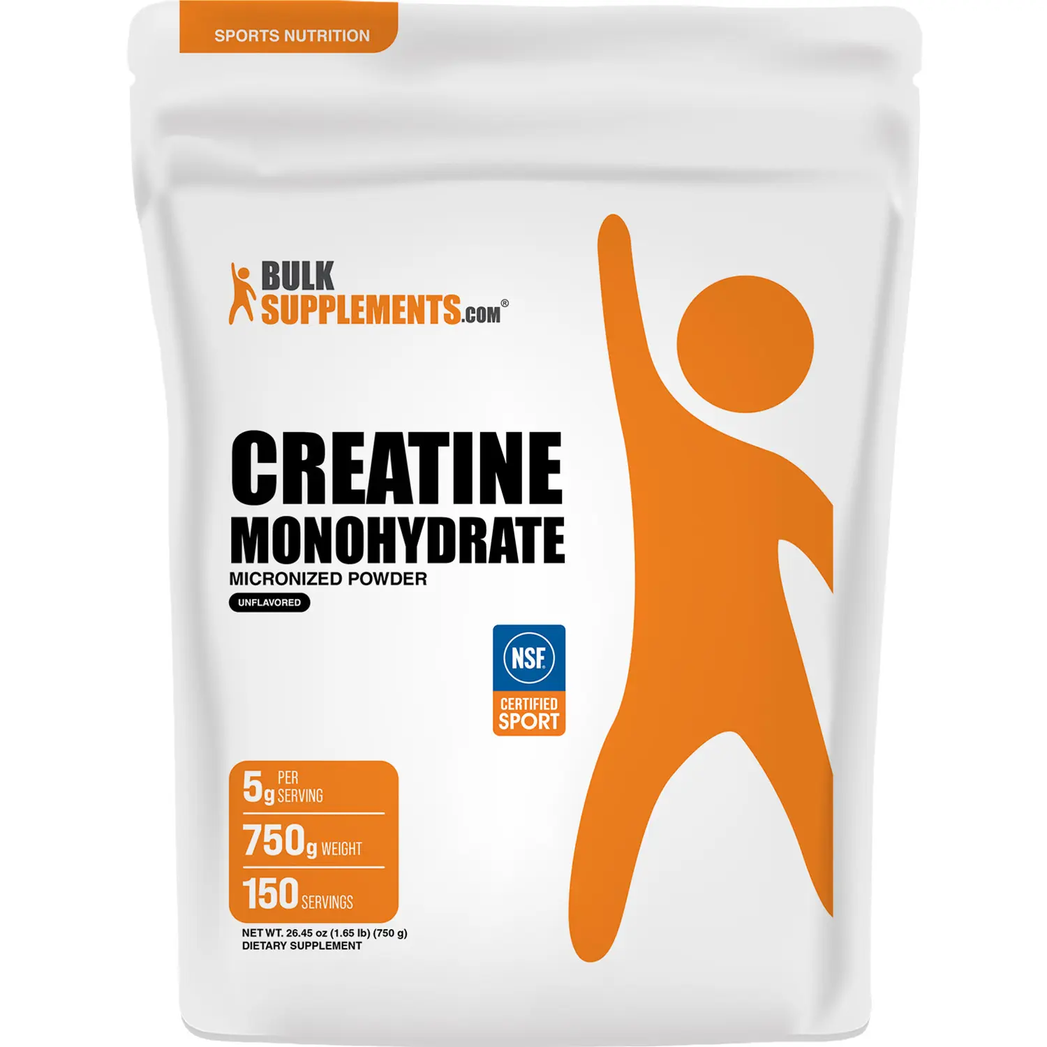 BulkSupplements NSF Micronized Creatine Monohydrate Powder - Gluten Free, Additive Free Dietary Supplement for Athletic Workout, Bulk Pack Value for Regular Training - 750g, 5g per Serving, Sugarless, Gym