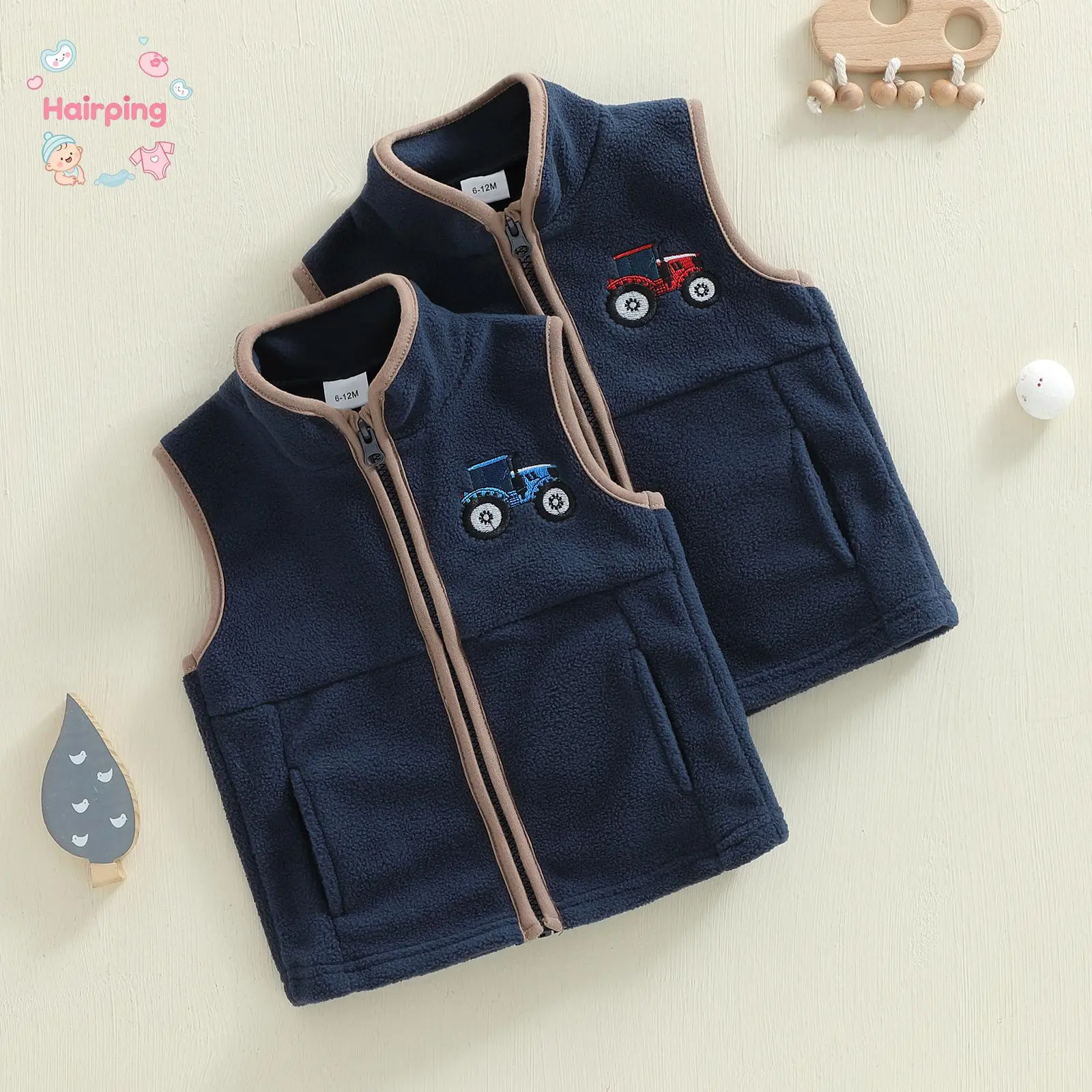 Boys Autumn Casual Vest, Coat Sleeveless Stand Collar Zip Up Tractor Embroidery Fleece Vest Jacket, Casual Baby Girls Boys Jacket