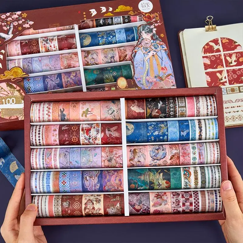 100pcs Retro Cartoon Pattern Washi Tape Set, Handbook Material Decorative Collage Background Paper, DIY Decorative Supplies For Scrapbooking & Journal