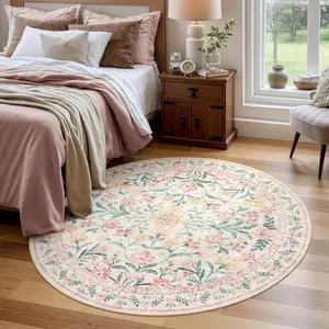 Washable Floral Round Rug in Sage Green for The Bedroom, a Bohemian Style Non-Slip Large Circle Rug Suitable for Dining Rooms, Living Rooms, And Game Rooms.