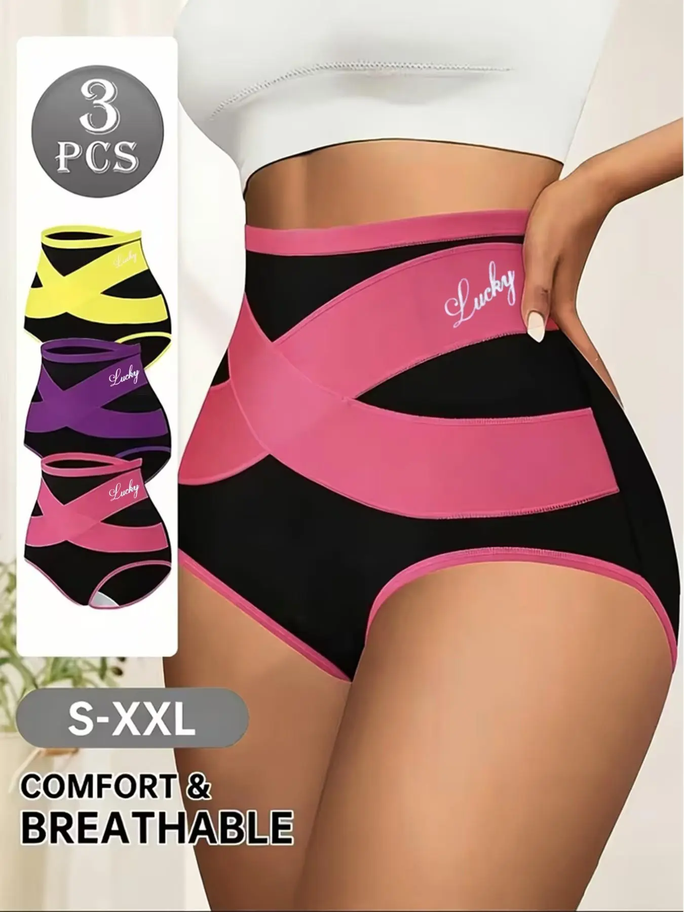 3-Pack Women's High-Waisted Cross Compression Belly Control Shapewear Panties, Casual Comfy Shaper, Everyday Breathable Shaping Butt Lifting Slimming Triangle Underwear, S-Xxl