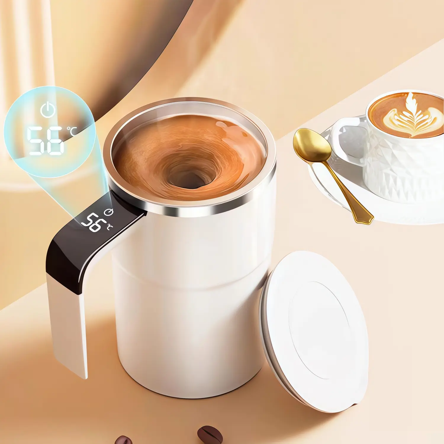 Self Stirring Coffee Mug with LED Temp Display, Stainless Steel Automatic Magnetic Mixing Cup with Cover, Portable Drink Mixer Cup for Desk Kitchen Travel campingessentials