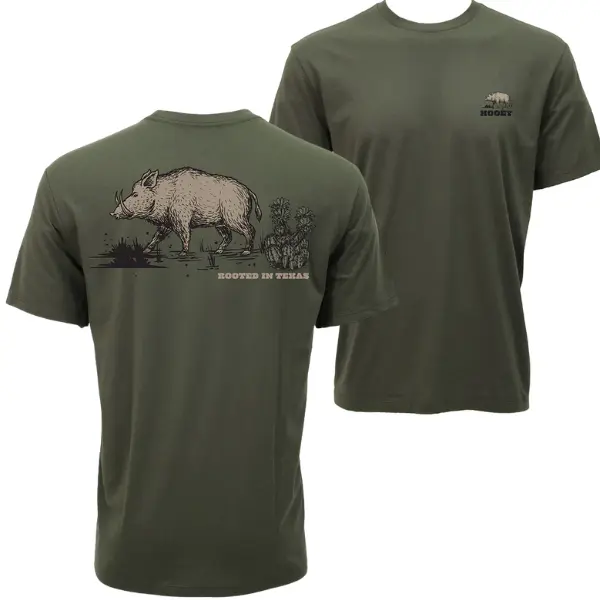 Hooey Texas Wild Boar T-Shirt, Walking Feral Hog with Cactus Desert Landscape, Rooted in Texas Back Print, Western Hunting Graphic Tee for Men Women