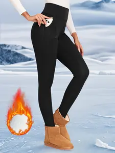 Women's Winter High Waist Pocket Casual Knit Pants, Elastic Thicken Warm Bottoms, Fashionable Tight-Fitting Base Layer for Ladies