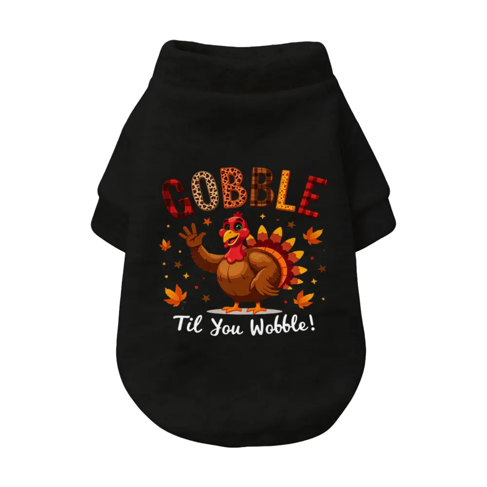 Gobble Til You Wobble Thanksgiving Dog Shirt Black with Turkey Design for Festive Pet Outfits