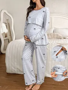 Maternity Pajama Set 2pcs Polka Dot Bow Print Nursing Friendly Crew Neck Long Sleeve Top & Textured Pattern Pants Fall Winter