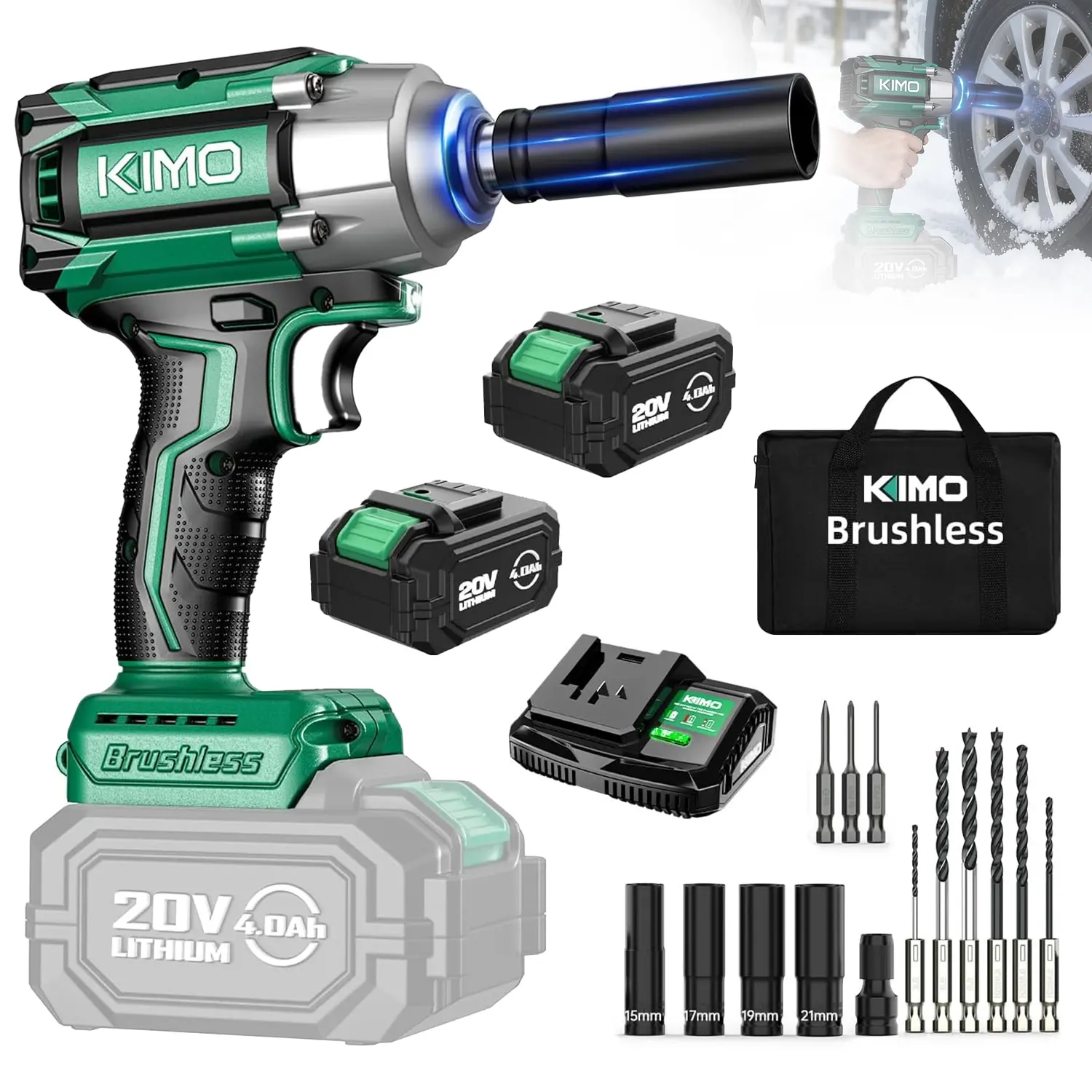KIMO 20V Brushless Portable Impact Wrench Kit - 1/2" Aluminum Anvil, 350 ft-lbs High Torque Tool, 3-in-1 Intelligent Speed System, 4000mAh Battery, Ergonomic & Feather-Light Cordless Gun w/4 Sockets for Car Tires #HighTorqueTool#Dual-Purpose#tiktok, Led L