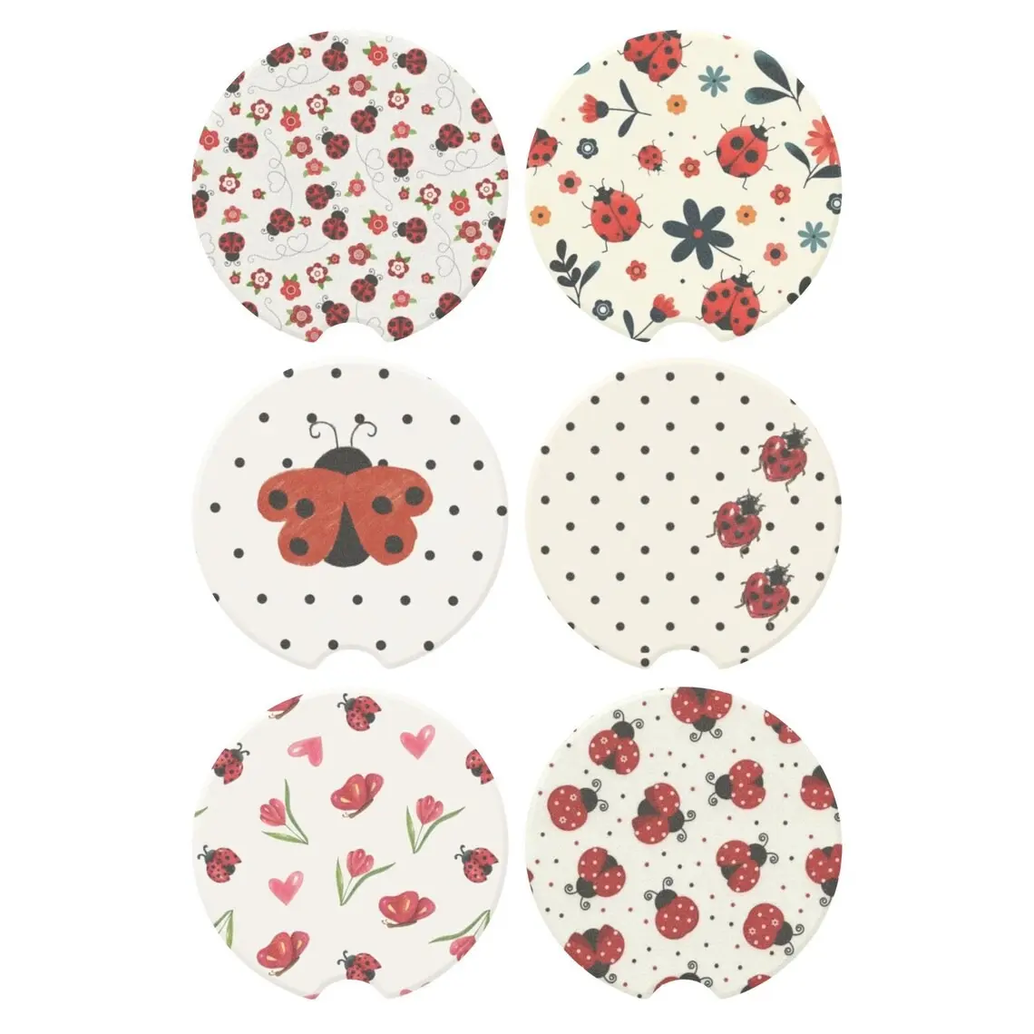 Polka Dot Floral Ladybug Car Coaster, Cute Absorbent Car Cup Holder Coasters, Aesthetic Auto Accessories