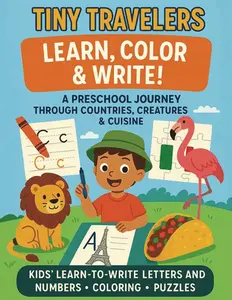 Tiny Travelers: Learn, Color & Write! A Preschool Journey Through Countries, Creatures & Cuisine: Practice for Kids Penmanship with Letters, Numbers, Word Search, Mazes, Connect the Dots and More!