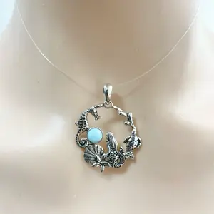 Sterling Silver 925 Mermaid Seahorse Turtle Seashell Larimar Blue Quartz Pendant Charm