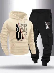 Men's Fall Winter Fleece Fitted Hoodie Set, 2-Piece Letter Print Sweatshirt + Drawstring Pocket Pants, Casual Long Sleeve
