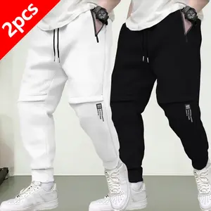 2Pcs Men's Fashion Sports Jogging Pants, Regular Fit with Drawstring Elastic Waist Casual Pants, Zipper Pockets - Ankle Cuffs, Letter Print Knitted Fitness Pants, Suitable for Gym, Running, Outdoor Sports, Daily Wear - Suitable for All Seasons