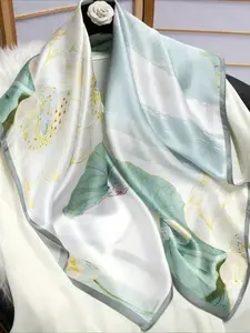 100% Mulberry Silk 34.64" Square Scarf Shawl, Green Floral Pattern, Elegant & Stylish, All-Season Versatile, Gift-Wrapped, Perfect Gift for Valentine’s Day, Christmas & Mother’s Day