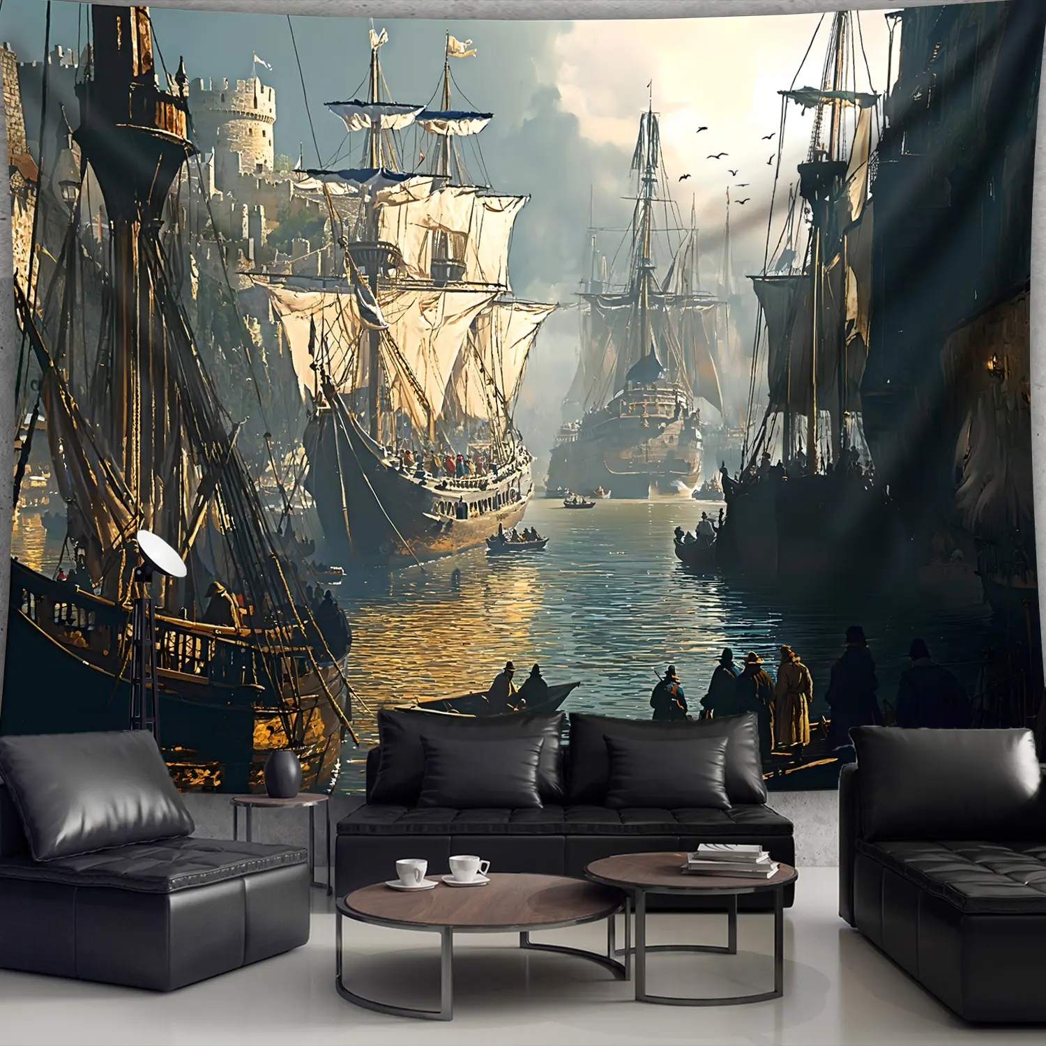 1pc Extra Large Vintage Medieval Port Landscape Tapestry, Decorative Tapestry - Premium Polyester Aesthetic Wall Hanging Decor with Hand-Stitched Edges & Wrinkle-Resistant Fabric, Nautical Theme Indoor Decor for Living Room, Bedroom, Office, Party