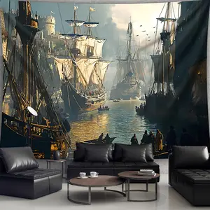 1pc Extra Large Vintage Medieval Port Landscape Tapestry - Premium Polyester Aesthetic Wall Hanging Decor with Hand-Stitched Edges & Wrinkle-Resistant Fabric, Nautical Theme Indoor Decor for Living Room, Bedroom, Office, Party