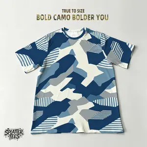 Men's Ocean Swells Inspired Submerged Camo T-Shirt - Deep Sea-Green, Grey-Azure, Misty Blue Giant Flowing Forms Design