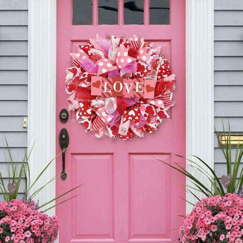 Waipfaru 17 Inch Valentines Day Mesh Wreath,Valentines Wreaths for Front Door with Love Wooden Sign Fishnet Yarn, Valentines Day Wedding Decorations for Indoor and Outdoor