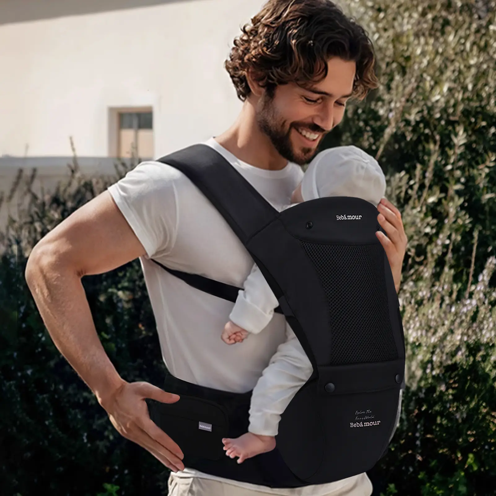 BEBAMOUR Adjustable Ergonomic Baby Carrier with Hip Seat, All-Position Breathable Mesh for Newborn to Toddler, Hands-Free Design with Hood & 3 Teething Pads, Hands Free Carrier, Adjustable Ergonomic Carrier