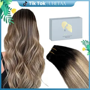 Black to Ash Blonde Balayage Highlight Sew In Extensions 24 Inch Real Human Hair Weft Extensions 120G Double Weft Remy Human Hair Bundles For Women Hand Tied Full Head Straight Hair Weaves