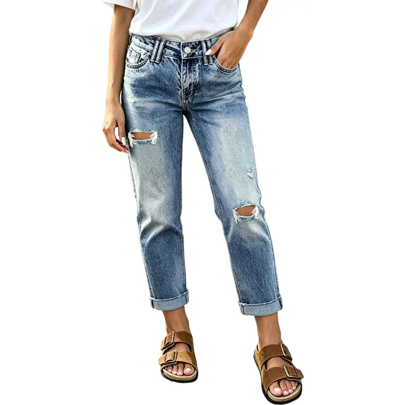 Flamingals Wash Ripped Roll Hem Mid Rise Straight Leg Crop Jeans Womenswear Stretchy 24.8" Inseam