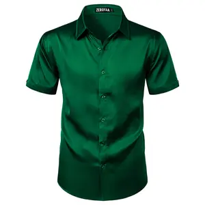 ZEROYAA Men's Hipster Shiny Silk Satin Shirt Regular Fit Short Sleeve Casual Button Down Dress Shirts for Summer Party