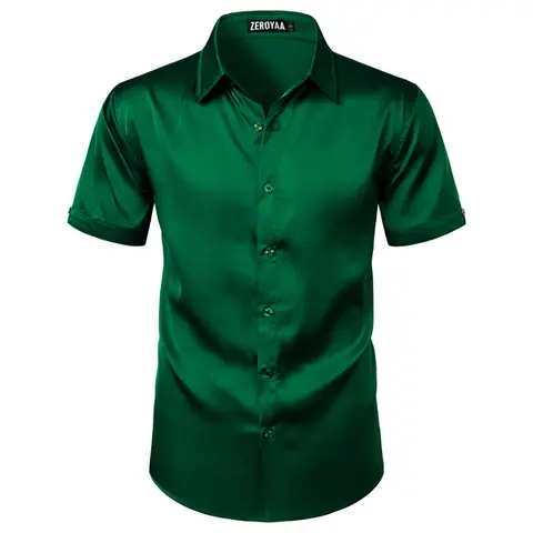 ZEROYAA Men's Regular-Fit Hipster Short-Sleeve Casual Button-Down Shirt - Shiny Silk Satin Fabric Top for Summer Party, Beach