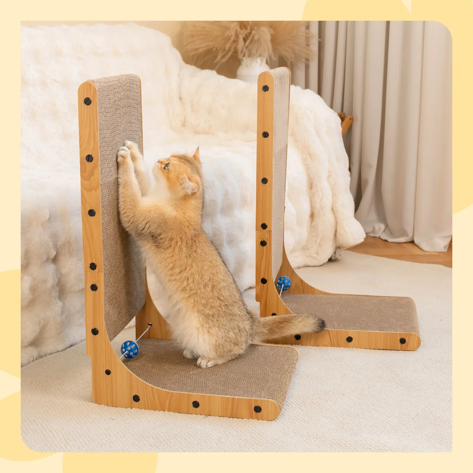 Happy & Polly L-Shaped Cat Scratcher with Elastic Rope Toy, Corrugated Cardboard Cat Scratching Board 2 Pack