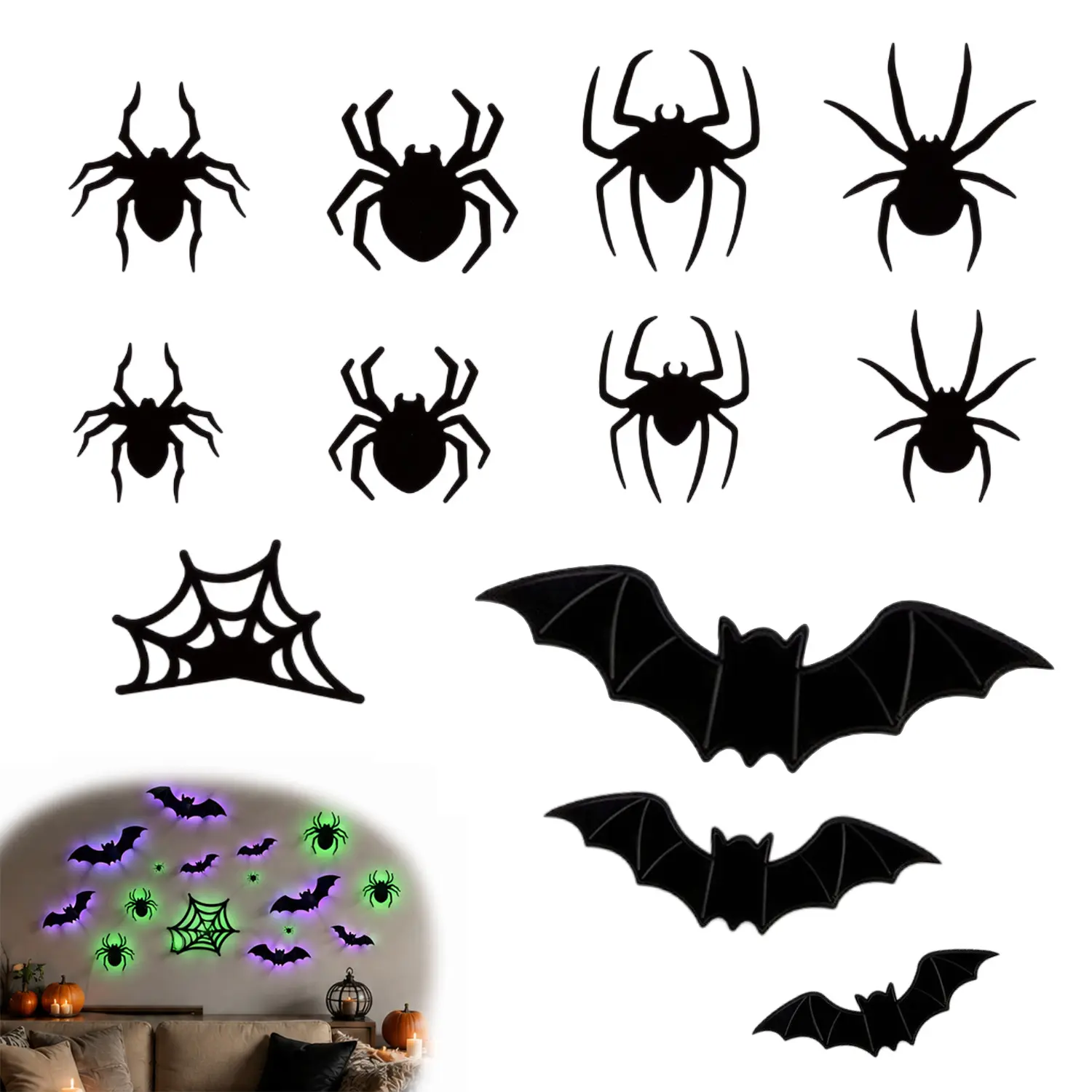 21PCS Halloween LED Wall Stickers, 9 Spiders & 12 Bats Light Up Decorations, Glow Effect Halloween Party Decor for Bedroom, Living Room, Window, Haunted House & Trick or Treat Events