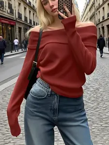 Sexy Casual Off-Shoulder Long Sleeve Top, Fashionable Fitted Knit Tee for Autumn & Winter, Stylish Women's Clothing for Daily Wear