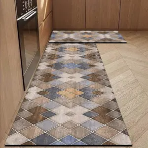 Vintage Geometric Diamond Patchwork Kitchen Mat, Warm Blue Colors, Anti-Fatigue Cushioned Rug, 3.5mm Thickness, Customizable Size, Kitchen Runner Rug