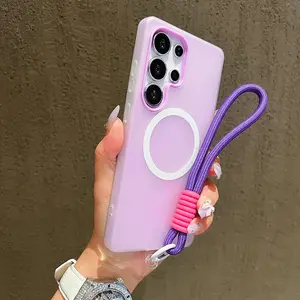 Case for Samsung Smartphone S23 S24 S25 FE S26 Plus Ultra S26+ S25+ S24+ 5G Magnetic Candy Color Matte With Lanyard Shockproof Protective Soft Cover
