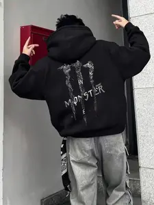 Monster Text Patchwork Graphic Hoodie | Heavyweight Fleece Streetwear Sweatshirt, Y2K Aesthetic Streetwear Oversized Sweatshirt