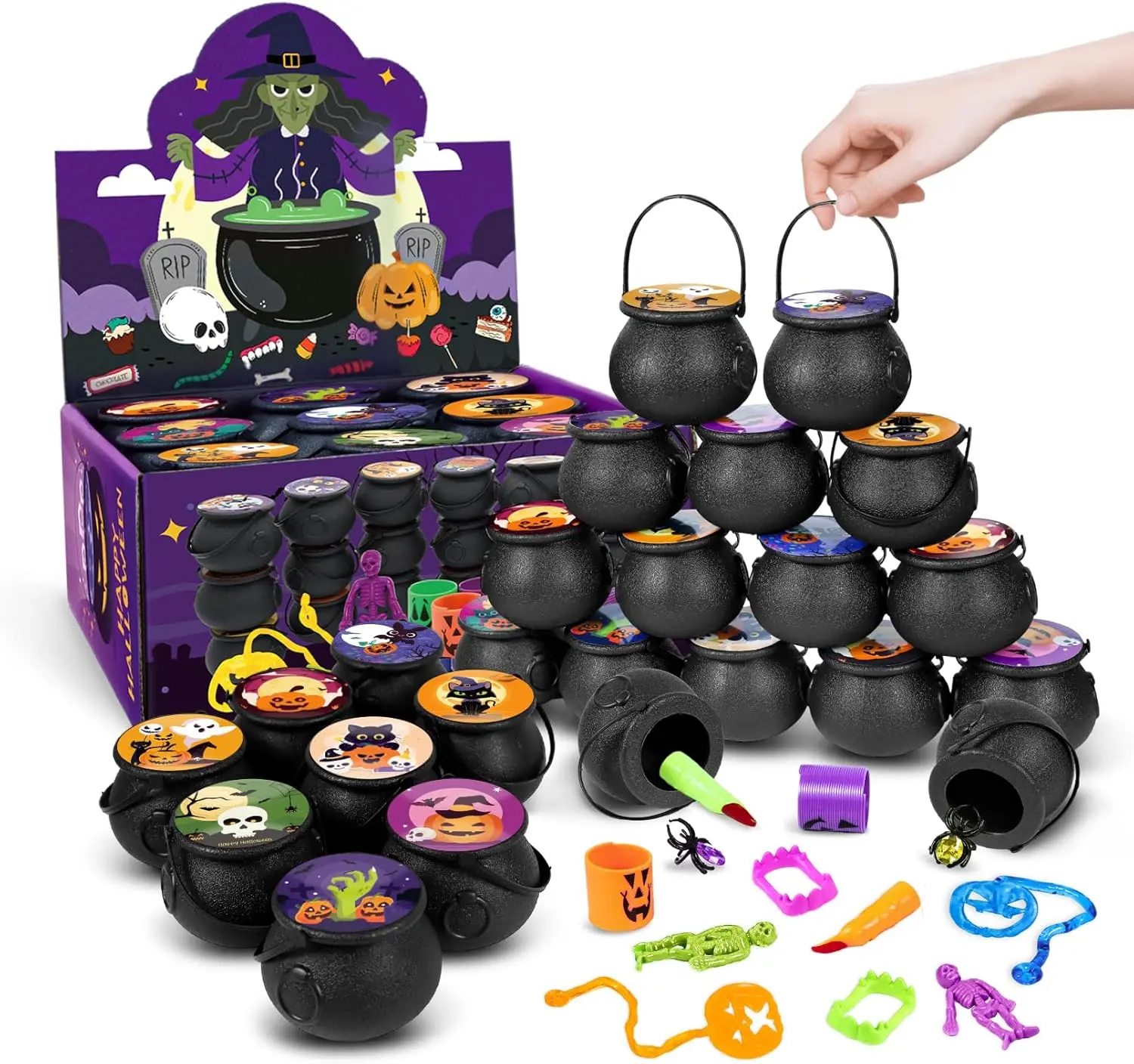 144Pcs Halloween Party Favors for Kids, 18 Prefilled Mini Plastic Witch Cauldron Halloween Goodie Bag Pinata Fillers Halloween Treats Non Candy Bulk Classroom Prizes Trick or Treat Toys Party Gifts