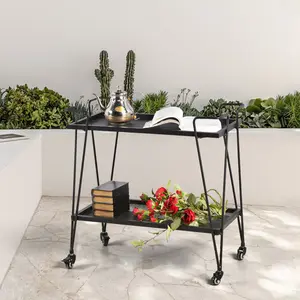 Rolling Bar Cart with Handle [2 Tier] Home Kitchen Microwave Cart Island On Wheels, Mobile Serving Cart Beverage Cart, Coffee Station (Metal, Industrial Black)