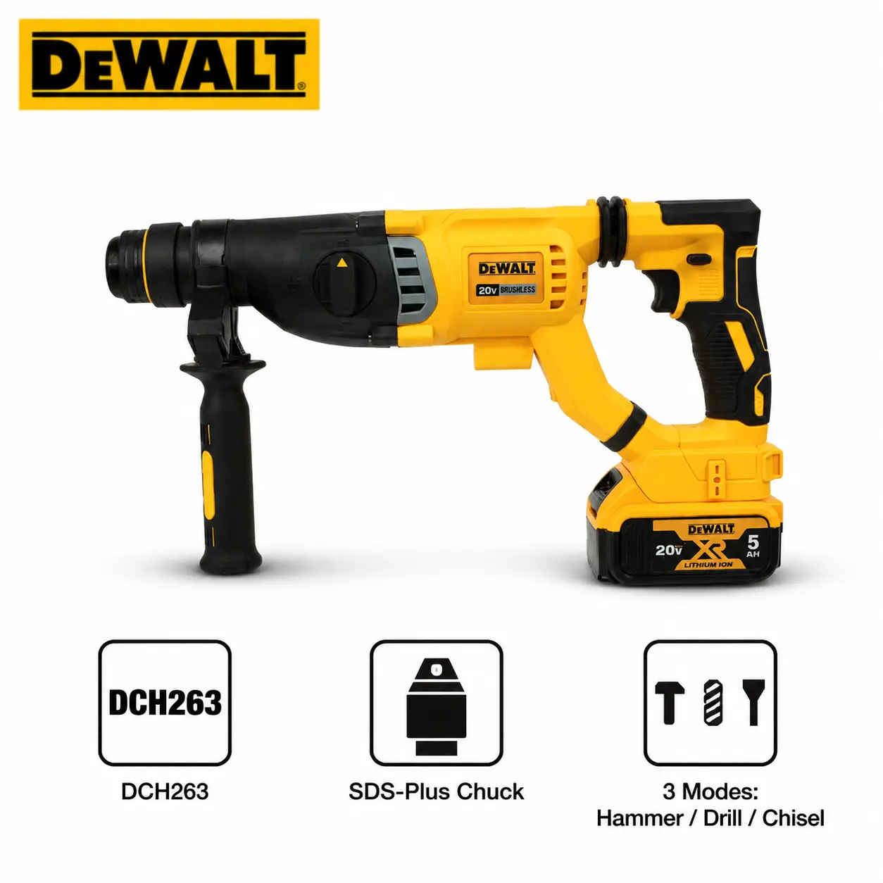 DEWALT DCH263 Brushless Rotary Hammer, 3 Mode SDS-Plus Power Tool For Builders, Electricians And Contractors, 3.0J Impact Energy, Active Vibration Control, Variable Speed, Led Light For Concrete Drilling, Chiselling And Anchoring Construction Tasks