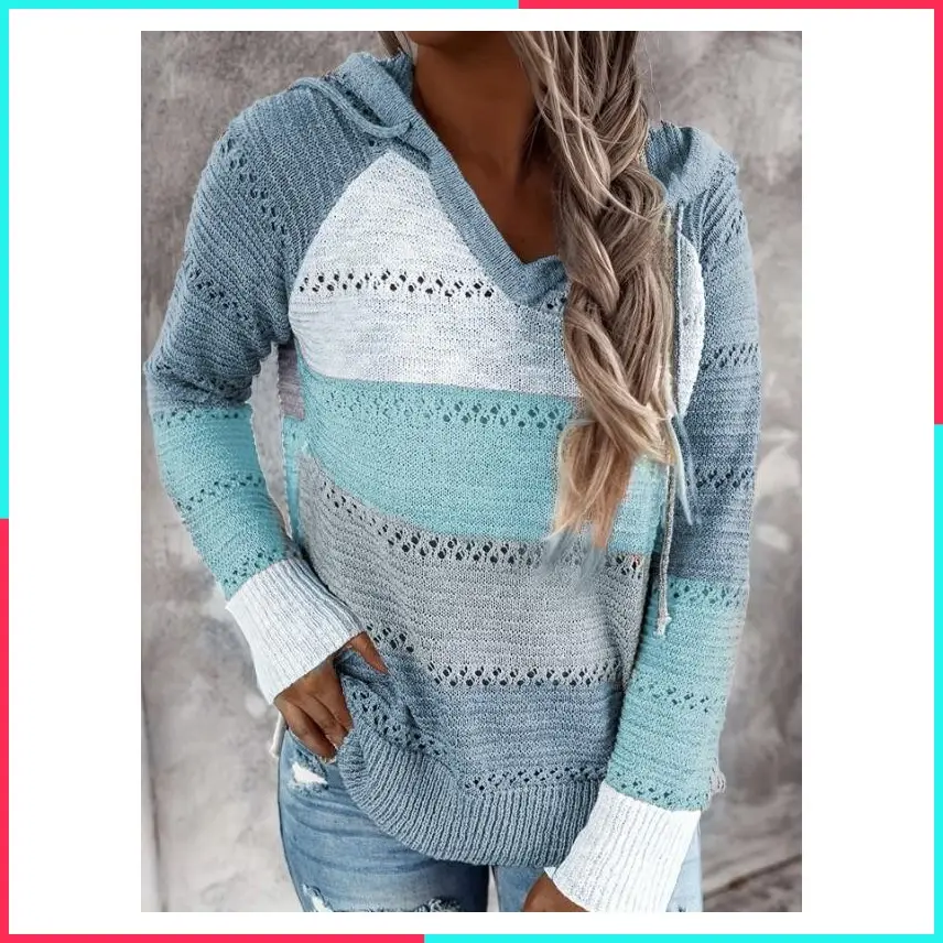 Color Block Pullover Drawstring Hooded Sweater, Casual Long Sleeve Pointelle Thin Knit Sweater For Fall & Winter, Women's Clothing