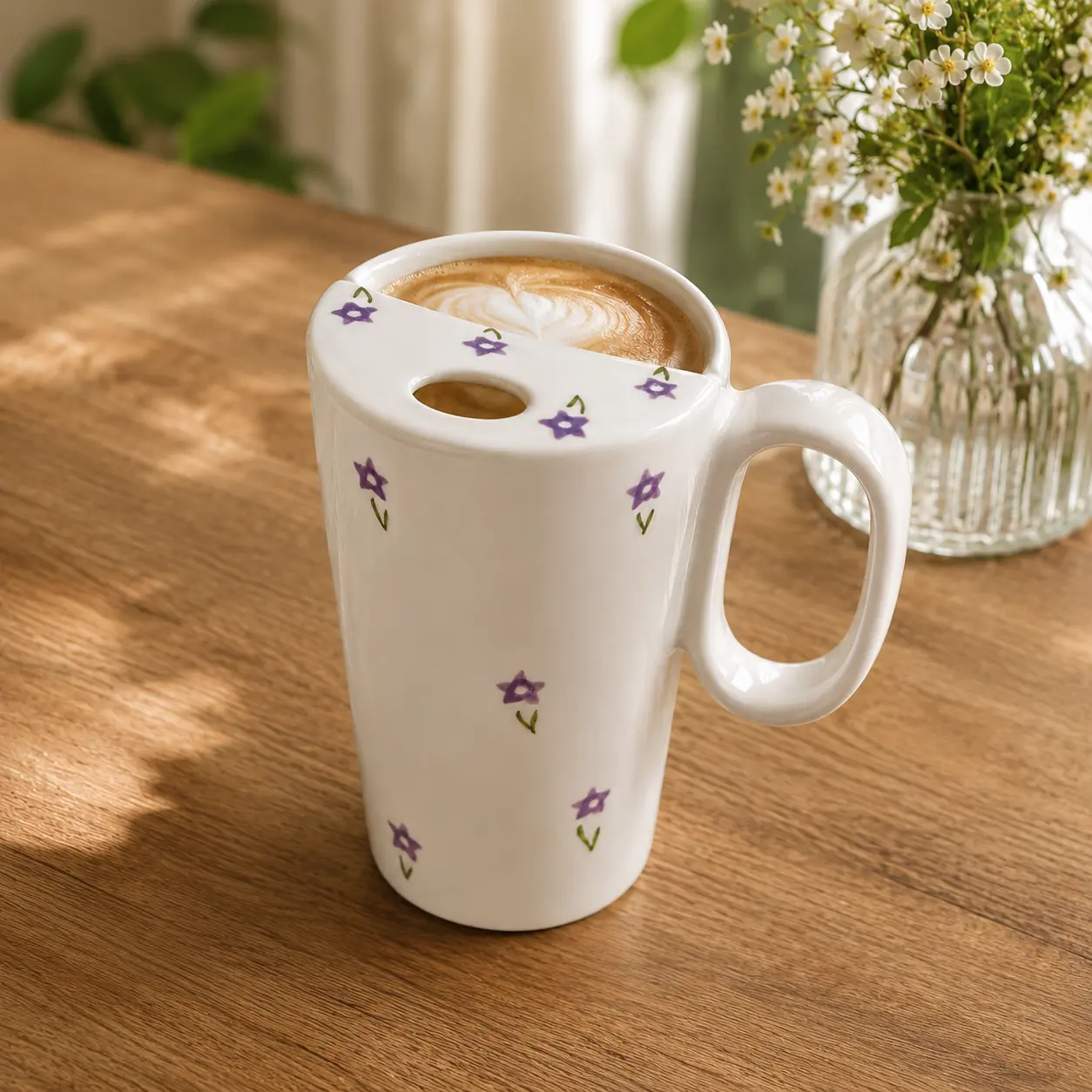 12oz Lucky Flower Handle Ceramic Coffee Mug with Lid, Watercolor Art Stylish Design, Microwave-Safe Dishwasher-Safe, Handmade Lead-Free Reusable, Perfect Mother’s Day Gift for Coffee Lovers