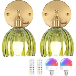 Vintage Battery Operated Wall Sconce with Cute Green Tulip Glass Lampshade Wireless Rechargeable Battery Powered Wall Light with Remote Control for Bedside Bedroom Doorway, Set of 2